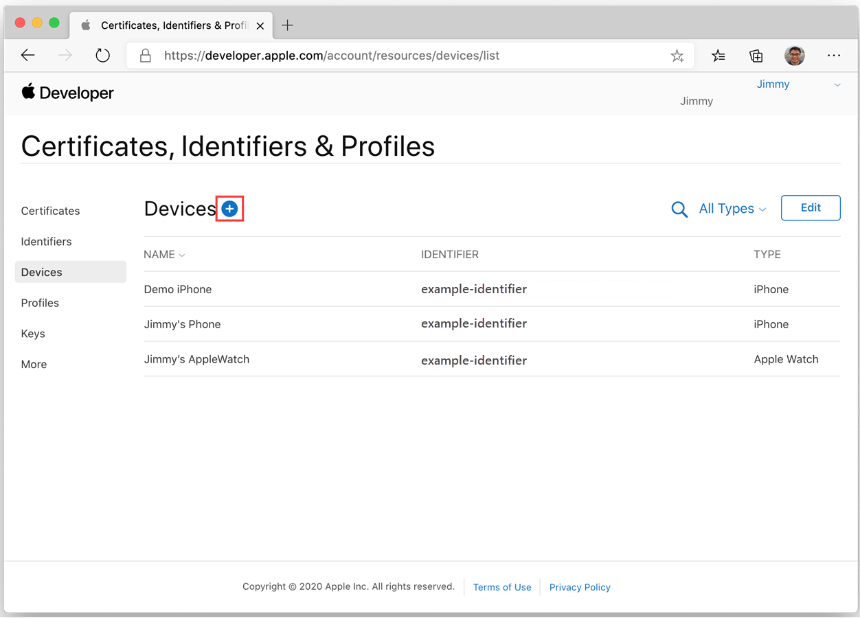 Screenshot of the devices page on the Apple Developer site with the add button highlighted.