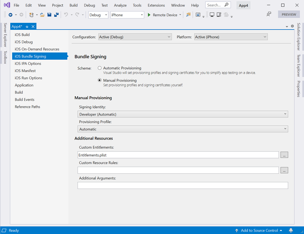 Screenshot of Info.plist in Visual Studio for Mac with manual provisioning selected