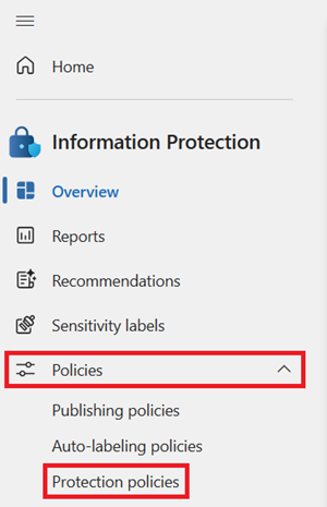 Снимок экрана: меню Information Protection с открытым раскрывающимся списком Политики и выделенными политиками защиты.