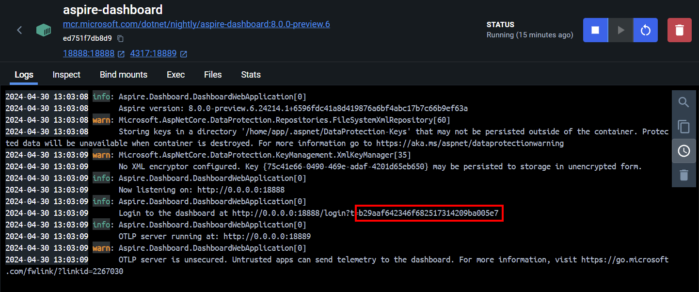 Screenshot of the .NET Aspire dashboard container logs