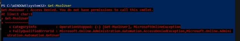Ошибка при попытке пользователя вызвать командлеты MSOL.