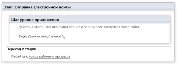 Действие электронной почты в шаге уровня приложения.