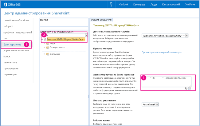 Снимок экрана: Центр администрирования SharePoint с выделенными банком терминов, полем поиска в банке терминов таксономии и полем администраторов банка терминов.