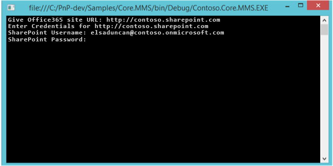 Снимок экрана: пример консольного приложения Core.MMS, запрашивающего имя и пароль пользователя SharePoint.