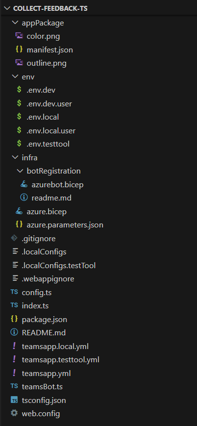 The outline of the project in Visual Studio Code. There is a folder 'AppPackage' with the Microsoft 365 application package files. There is a folder 'env' with all the environment setting files. There is a folder 'infra' with the Bicep files to provision the resources needed to host and run the solution. There is the root folder of the solution with all the actual source code and setting files