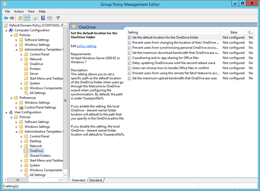Параметры OneDrive в редакторе управления групповой политикой