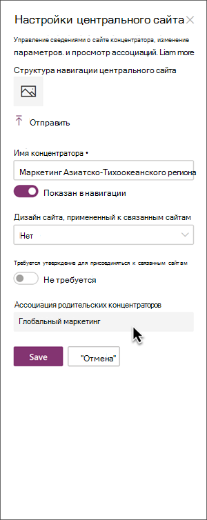 Изображение панели параметров центрального сайта с выделенной связью родительского концентратора