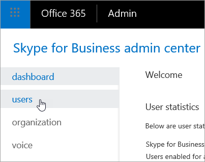 Показывает выбор пользователей в центре администрирования Skype для бизнеса.