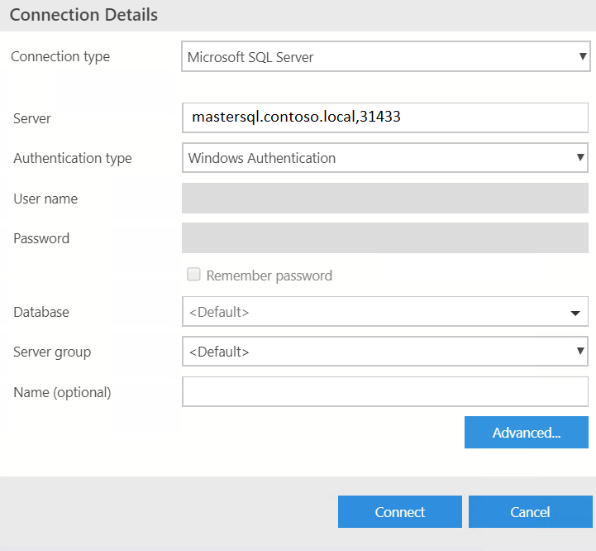 Подключение к SQL Server в диалоговом окне Azure Data Studio