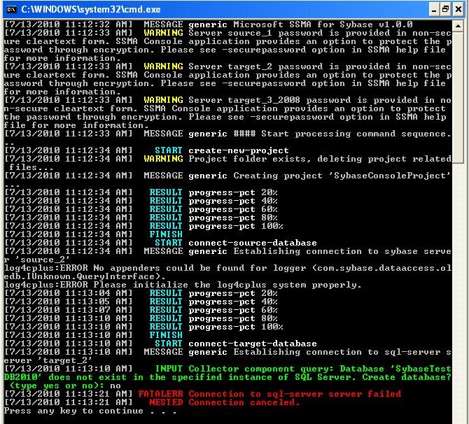 снимок экрана, показывающий пример выходных данных SSMA Console Sybase.