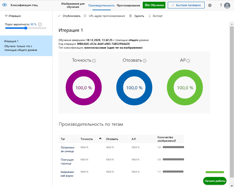 Снимок экрана: графические и числовые метрики для итерации обучения проекта Пользовательского визуального распознавания.