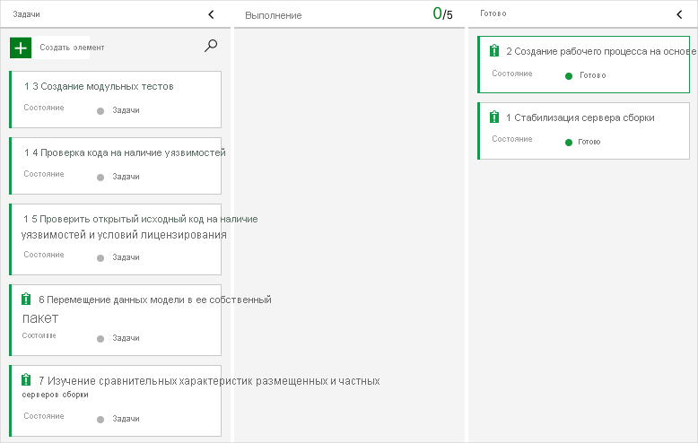 Снимок экрана Azure Boards с рабочим элементом в столбце 