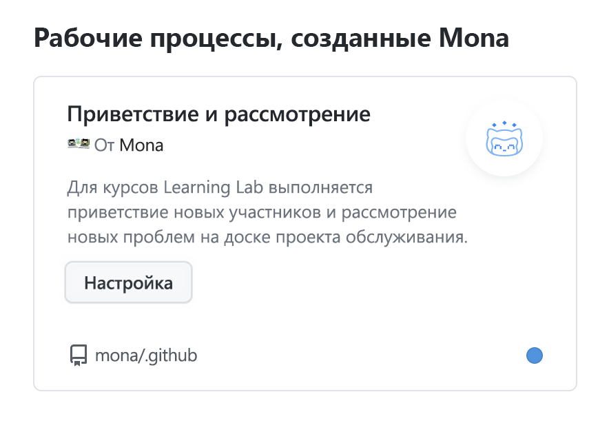 Снимок экрана: рабочий процесс организации шаблона, который называется приветствием и просмотром Mona.