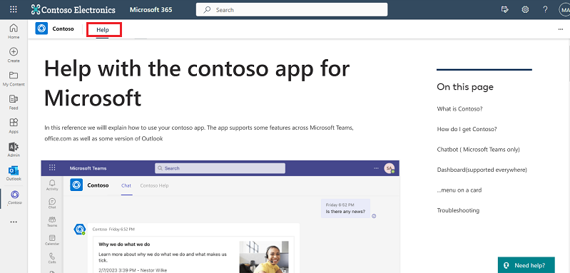 Снимок экрана: приложение Contoso в Microsoft 365.