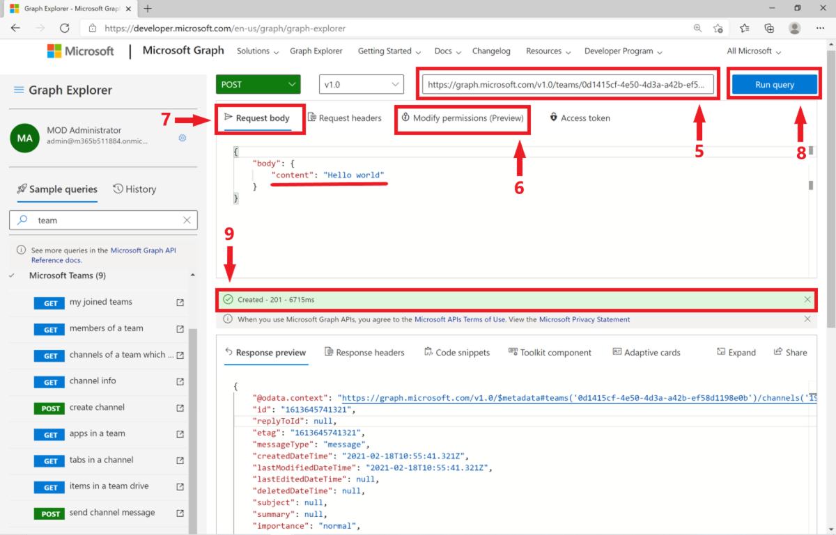 Снимок экрана с результатом запроса POST в песочнице Microsoft Graph.