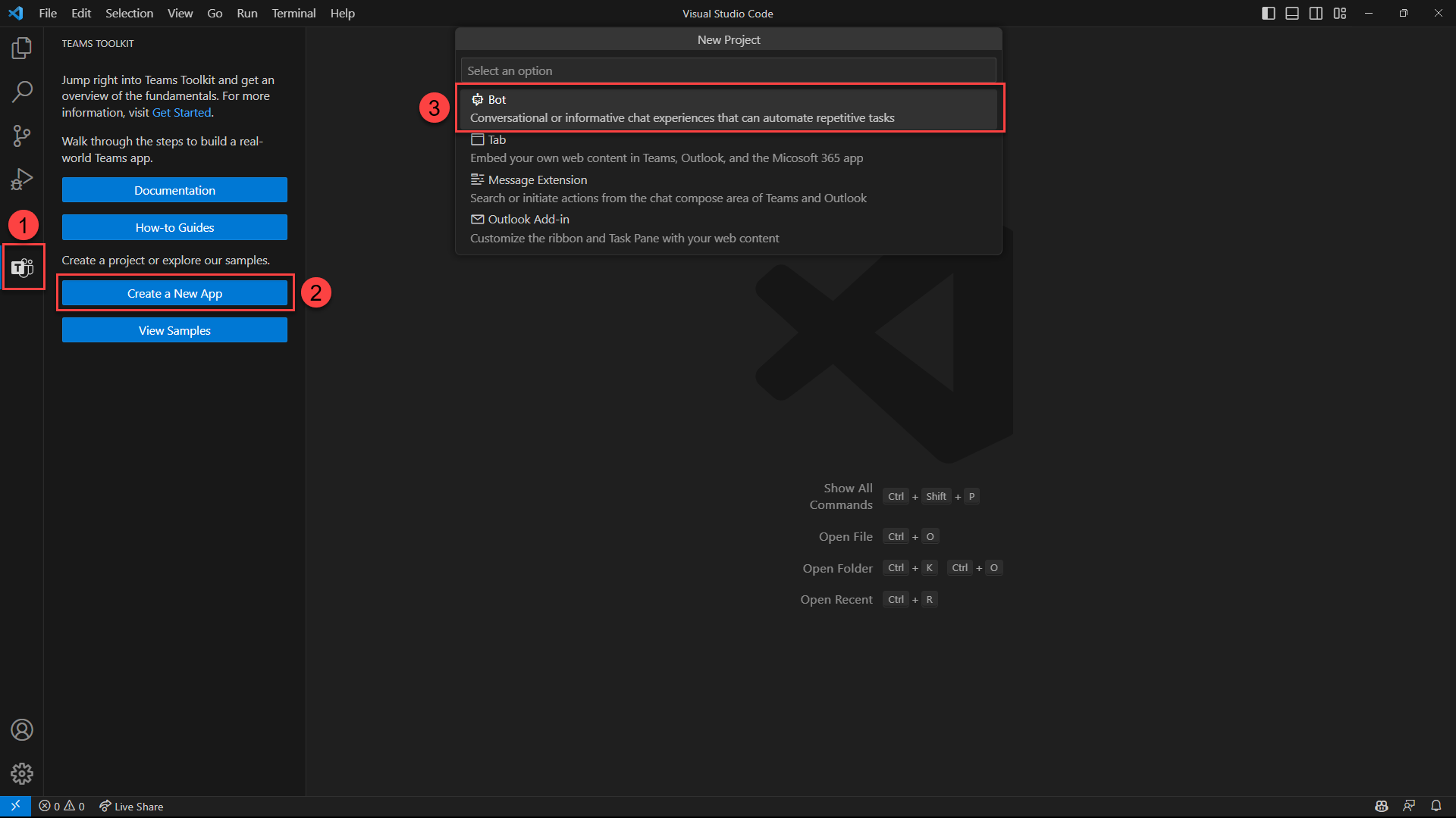 Снимок экрана: Visual Studio Code, на котором показаны выбранные элементы для начала создания нового бота с помощью набора средств Teams.
