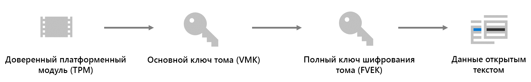 Схема, изображающая цепочку доверия для шифрования BitLocker. Данные в виде открытого текста шифруются полным ключом шифрования тома, который защищен основным ключом тома, привязанным к доверенному платформенному модулю.