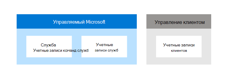 Визуальное представление общей ответственности при управлении учетными записями. Учетные записи двух типов: групповые учетные записи служб и учетные записи служб управляются корпорацией Майкрософт. Учетные записи клиентов управляются клиентами.