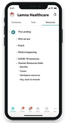 Мобильный экран вкладки Lamna Healthcare Resources (Lamna Healthcare Resources) со ссылками на различные ссылки на отдел кадров.