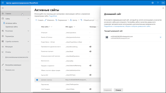 Снимок экрана домашнего сайта SharePoint.