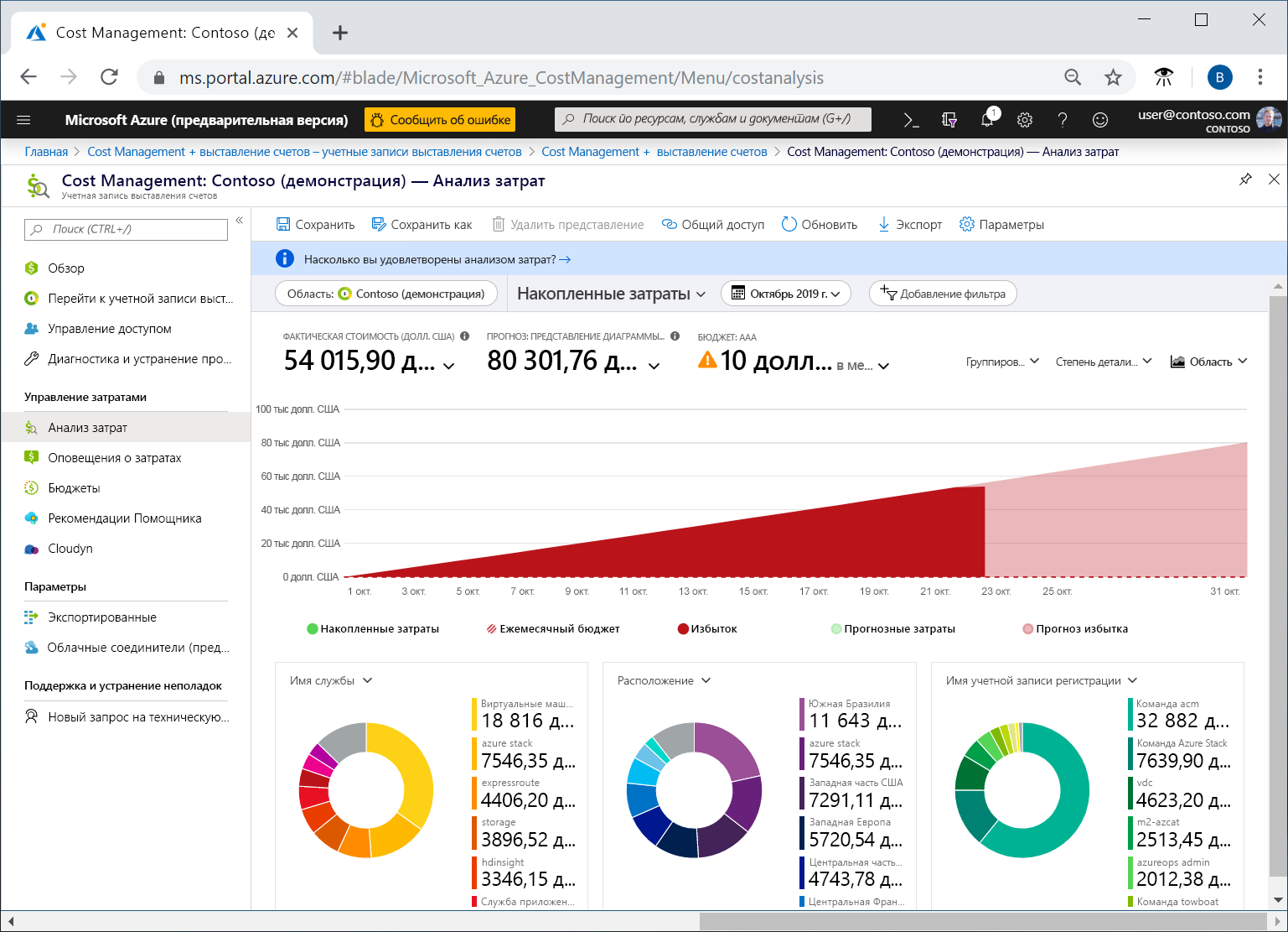 Снимок экрана: исходное представление анализа затрат на портале Azure.