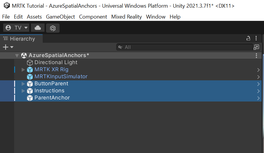 Screenshot of prefabs added to the Hierarchy pane.