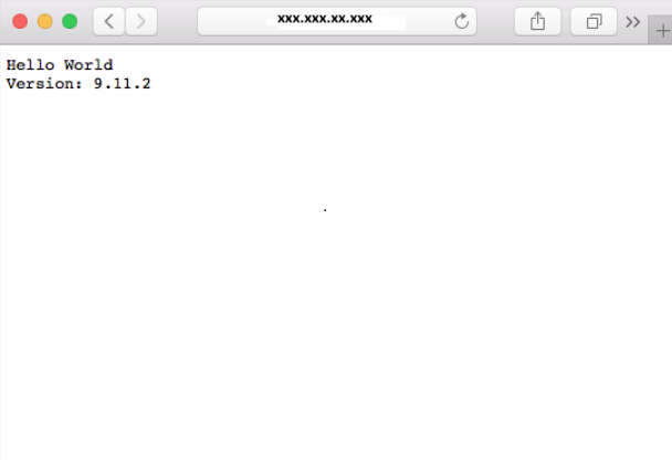 Screenshot of a browser window that shows a web page with text that reads: Hello World. Version: 9.11.2.
