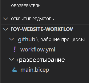 снимок экрана обозревателя Visual Studio Code с выделенным основным файлом bicep, который расположен в папке deploy.