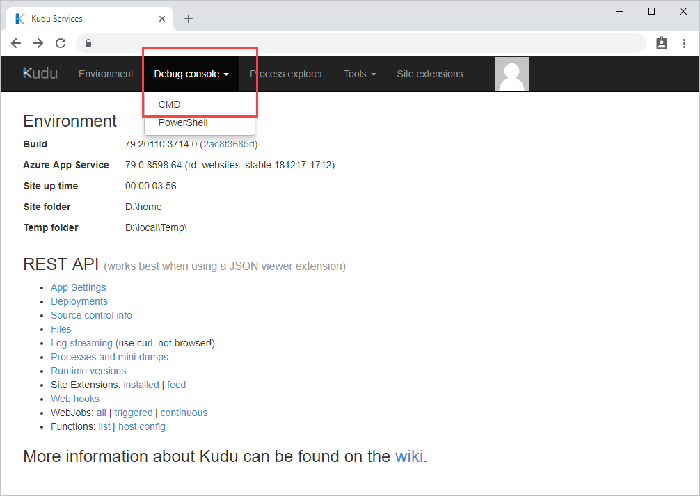 Снимок экрана: страница среды Kudu с выноской, указывающей пункт меню cmd консоли отладки.