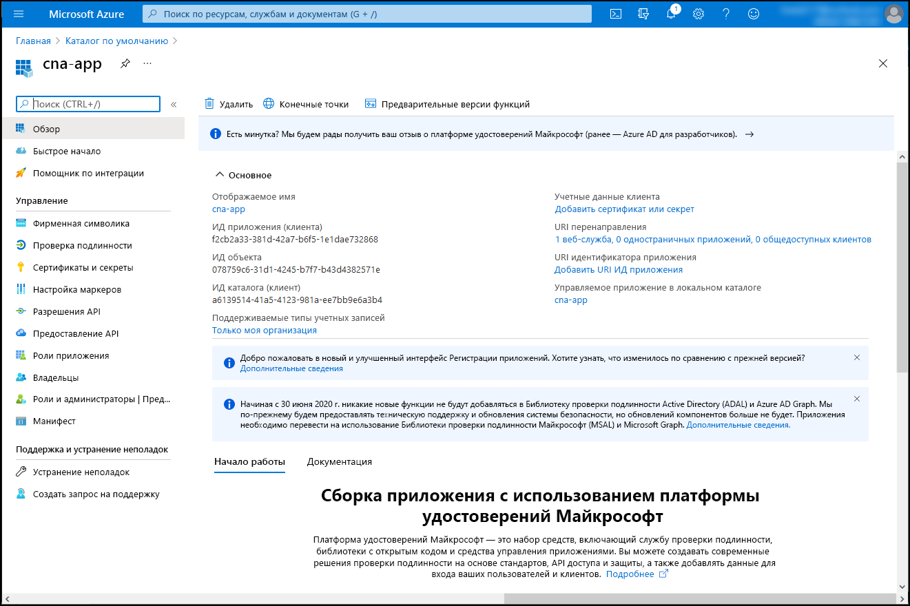 Снимок экрана: область cna-app на портале Azure