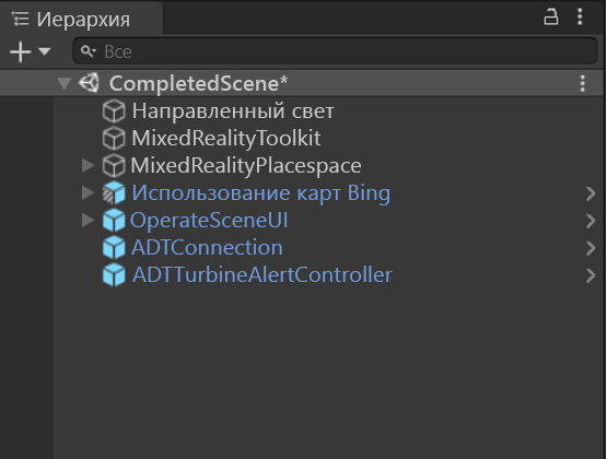 Снимок экрана prefab ADT, добавленных на панель иерархии Unity.