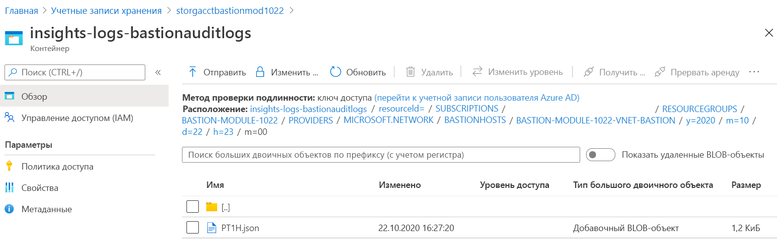 Снимок экрана: журналы сведений для Бастиона Azure с JSON-файлом для определенного периода времени.