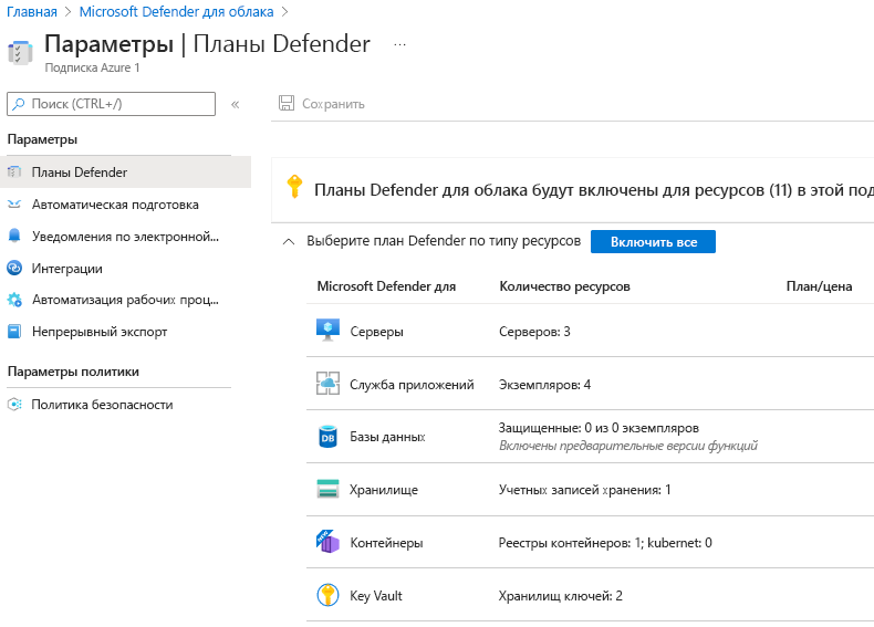 Снимок экрана, на котором показаны встроенные политики безопасности в Microsoft Defender для облака.