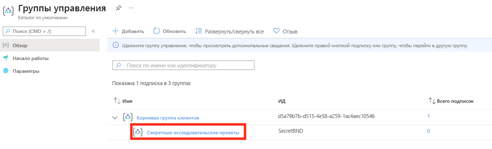 Screenshot of the Azure portal interface, highlighting 'Secret R&D Projects' in the list of management groups.