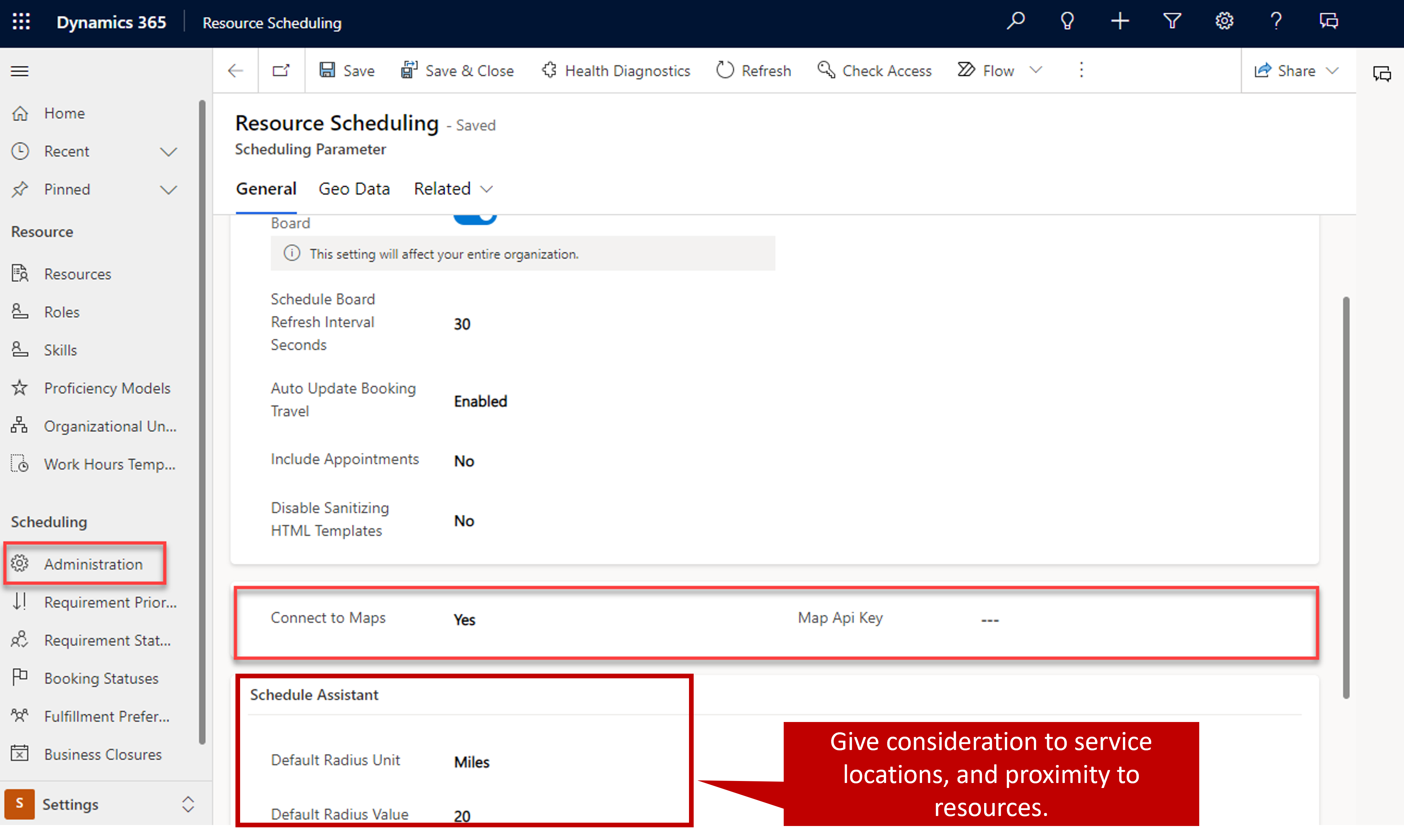 Resource Scheduling with Connect to Maps selected.