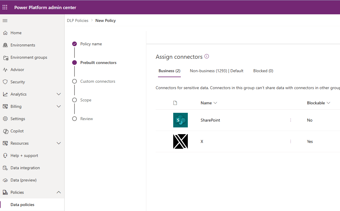 Screenshot of Microsoft Power Platform Admin center Data policies page on the Assign connectors step showing X and SharePoint connectors.