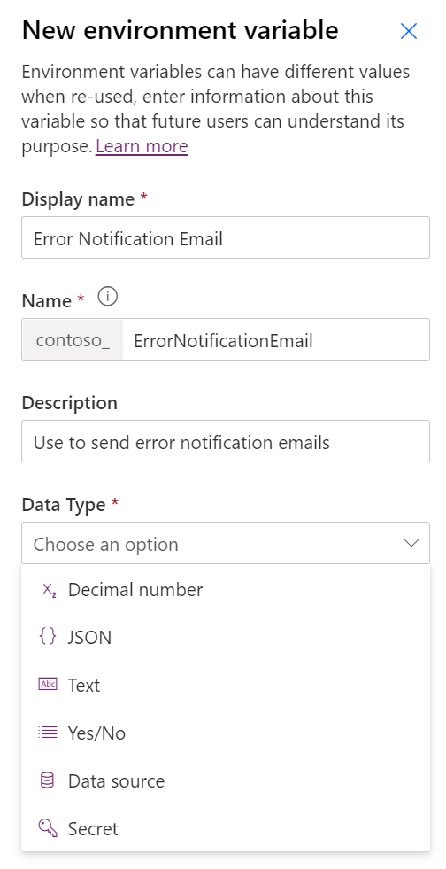 Screenshot of the creation of a new environment variable.