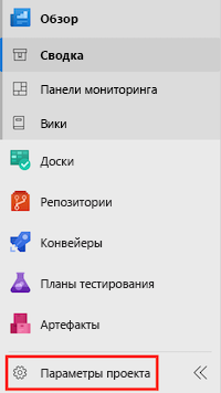 Снимок экрана: Azure DevOps, в котором показано меню с выделенным элементом параметров проекта.