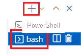 Снимок экрана: окно терминала Visual Studio Code, где отображается терминал bash и выбран значок плюса.