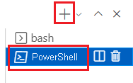 Снимок экрана: окно терминала Visual Studio Code с терминалом PowerShell и выбранным знаком плюса.