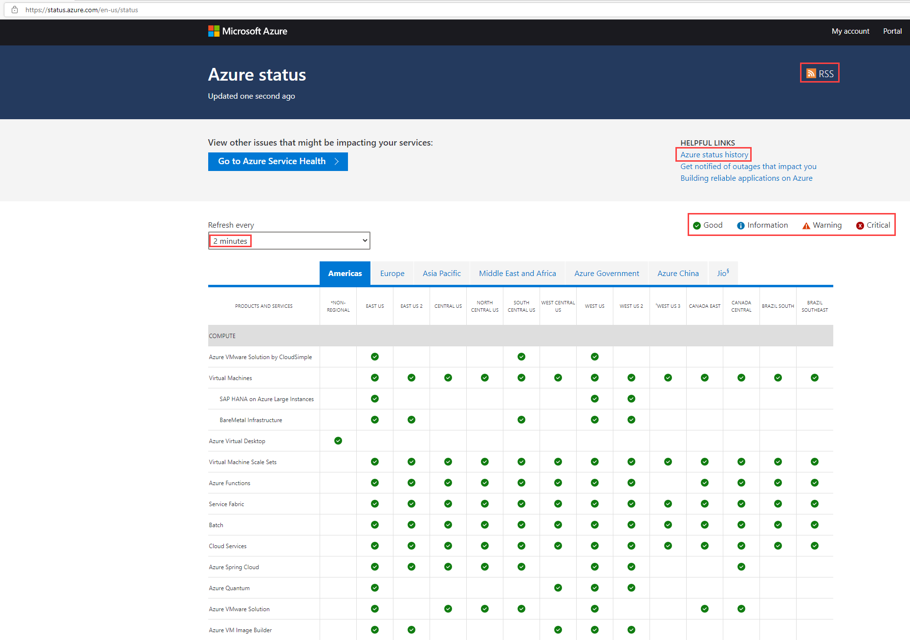 снимок экрана страницы состояния службы Azure, отображающей общедоступную информацию о работоспособности служб Azure между различными географическими регионами.