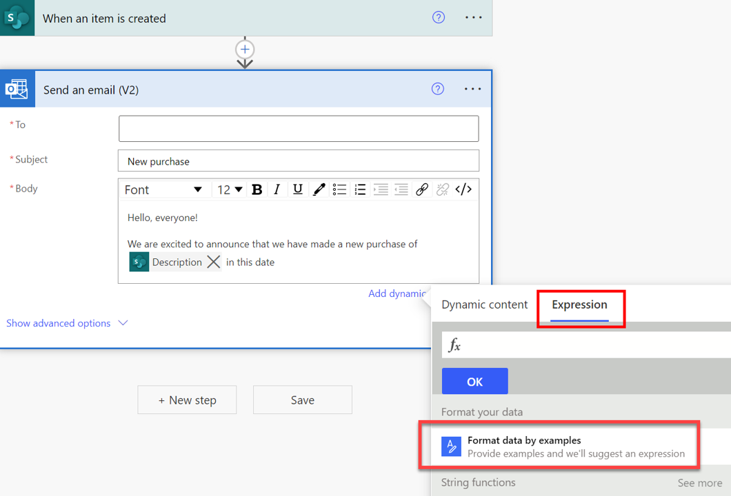 Screenshot of Power Automate suggesting expressions for desired output.