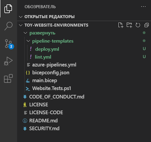 Снимок экрана: Обозреватель Visual Studio Code с папкой шаблонов конвейеров и файлом точки развертывания YML.