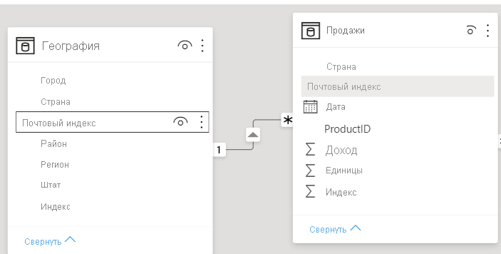 Снимок экрана: графическая связь между двумя полями.