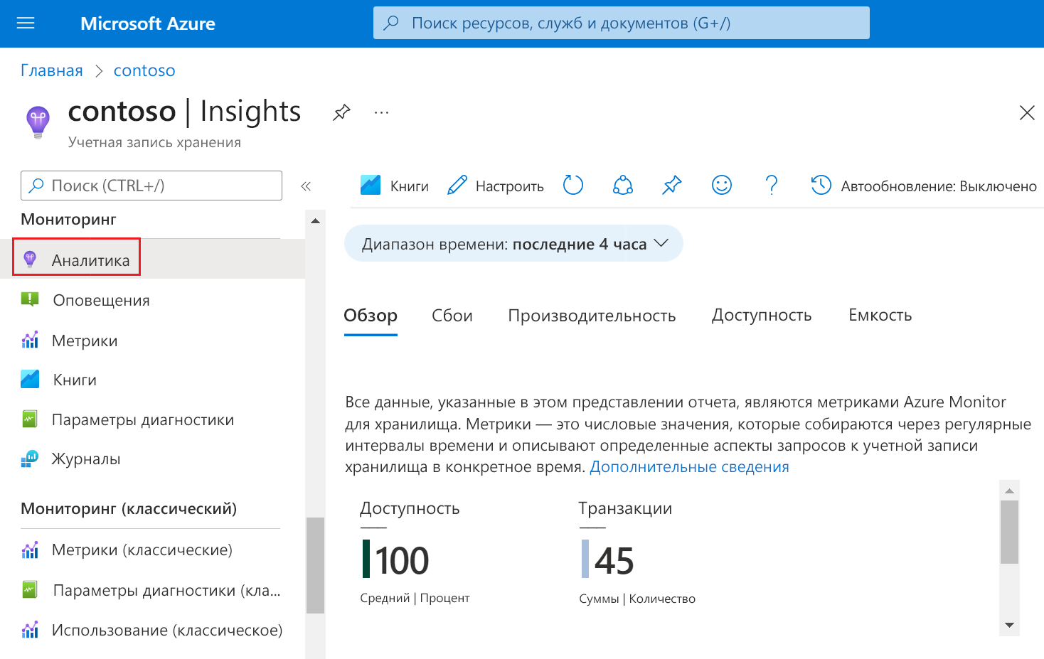 Screenshot of storage Insights in the Azure portal.