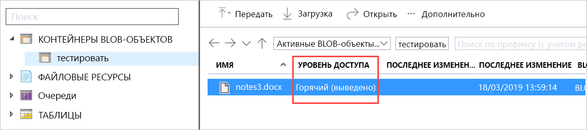 Снимок экрана: контейнеры BLOB-объектов с выбранным тестовым контейнером и уровнем доступа 