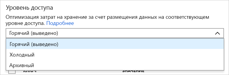 Снимок экрана: раскрывающийся список уровня доступа к BLOB-объектам с параметрами горячей, холодной, холодной и архивной.