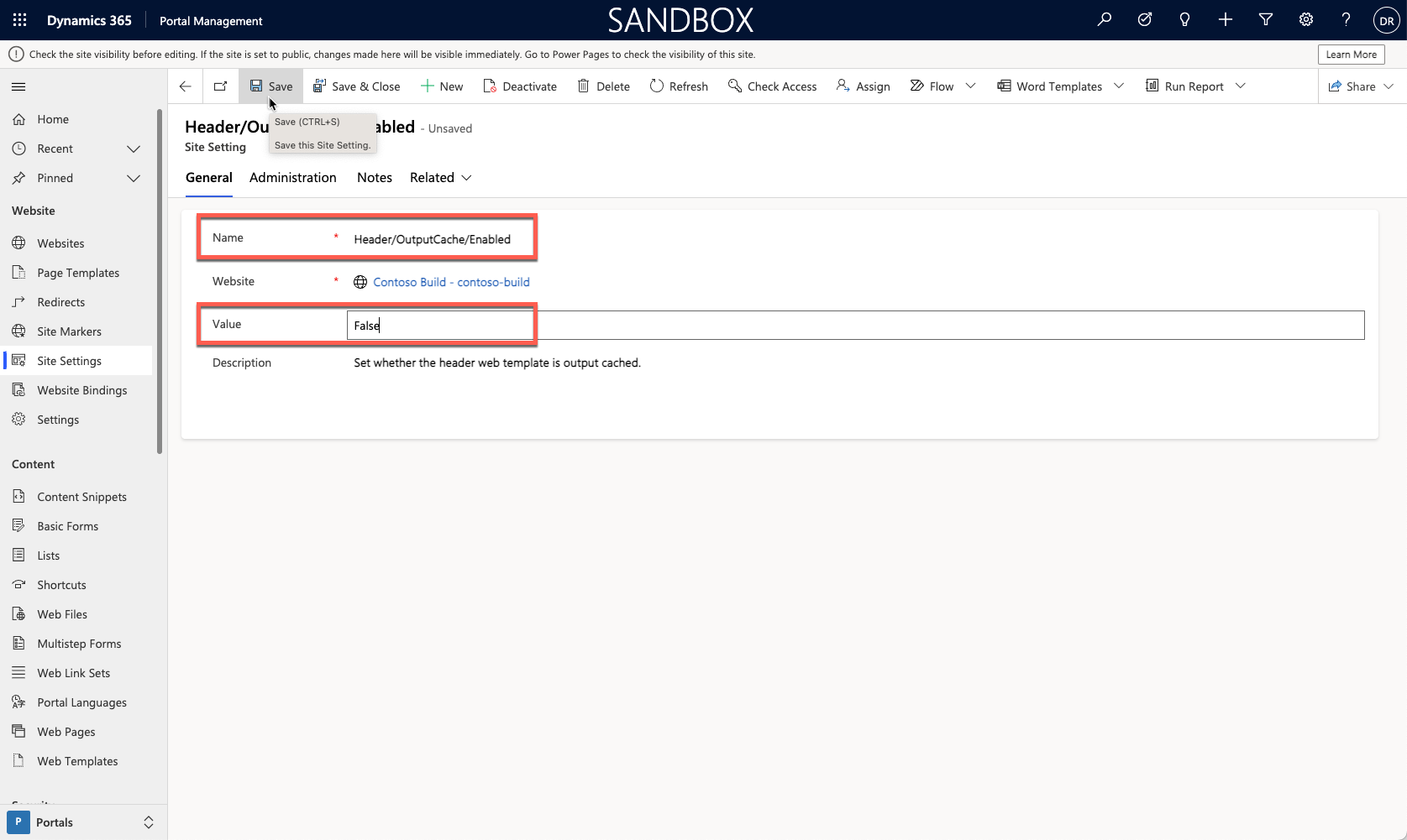 Screenshot of the disable header output cache with the Value updated to False and the Save button highlighted.