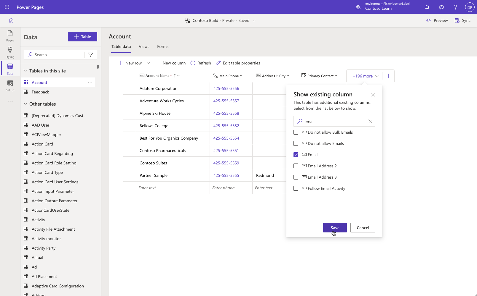 Screenshot of Show existing column dialog to add Email column to the data view.