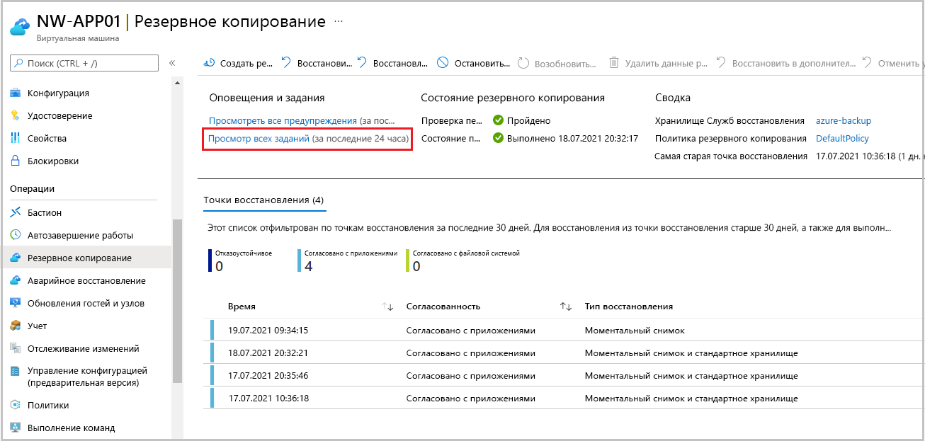 Снимок экрана: сведения о представлении задания восстановления.